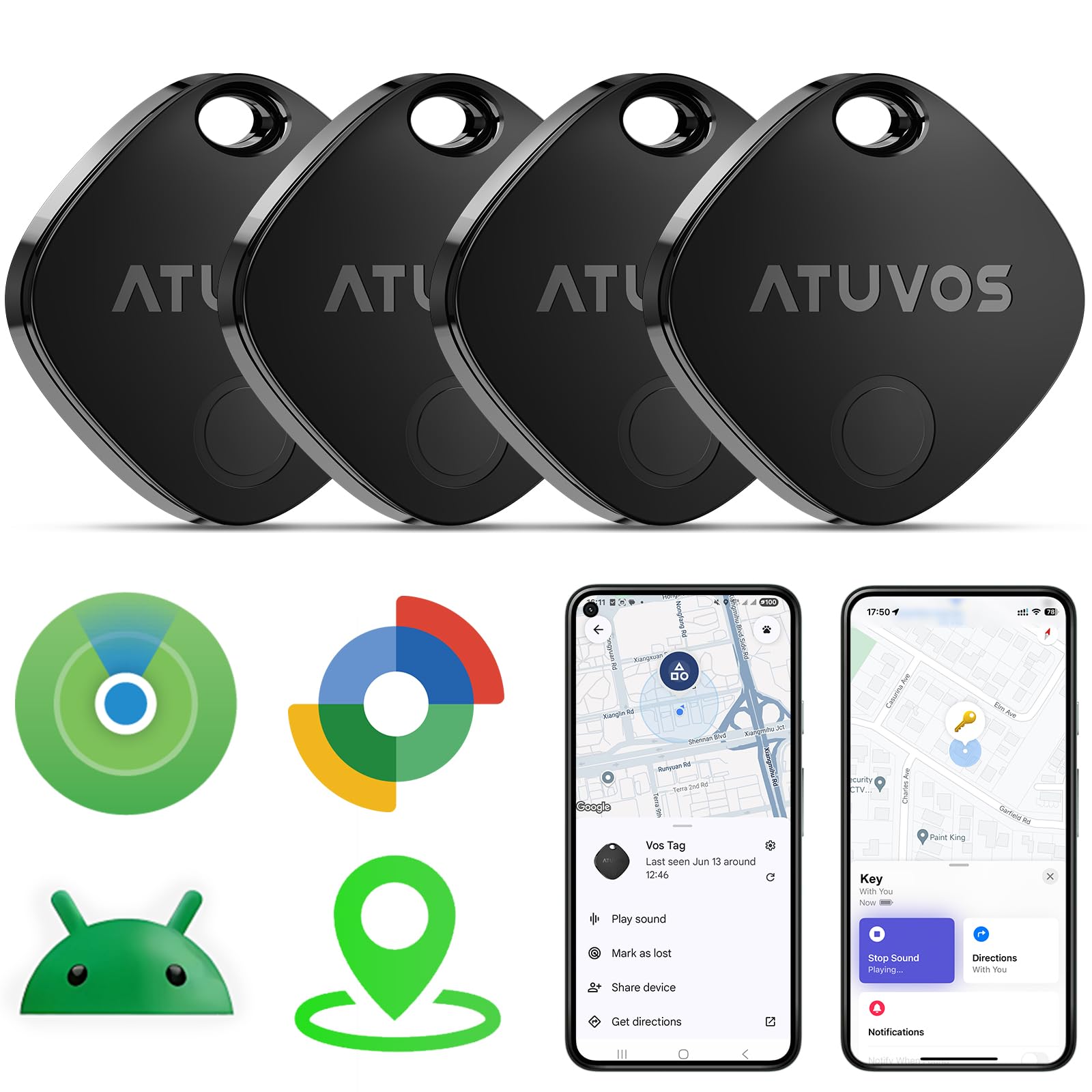 ATUVOS Dual System Air Tracker Tag PRO 4 Pack, Smart Key Finder | Works with And