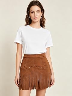 Women Faux Suede Fringe Mini Skirt Western Cowgirl Studded Tassel High Waist Skirt for Country Concert Festival