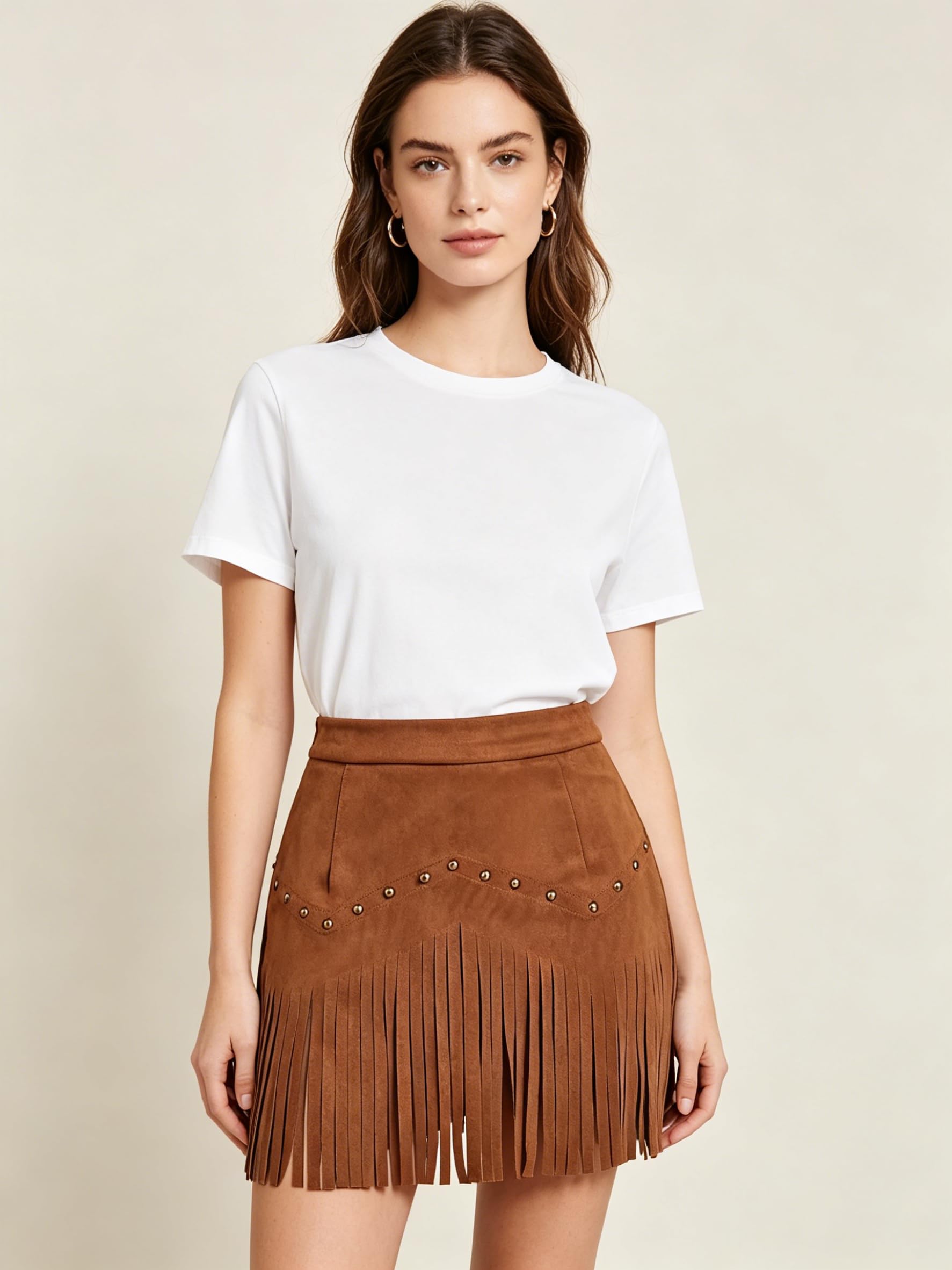 Women Faux Suede Fringe Mini Skirt Western Cowgirl Studded Tassel High Waist Ski