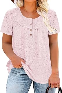 VISLILY Womens-Plus-Size-Summer-Tops Buttons Up Henley Shirts Flowy Pleated Tunics Trendy Eyelet Short Sleeve Blouses