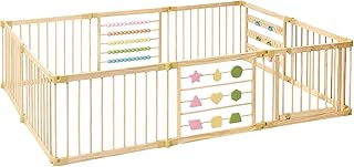 ZETY Natural Wood Baby Playpen, 10 Panel Foldable Play Yard, Door &amp; Toys | Montessori style pine enclosure; expandable panel layout; tool-free pop-button connectors; latching door