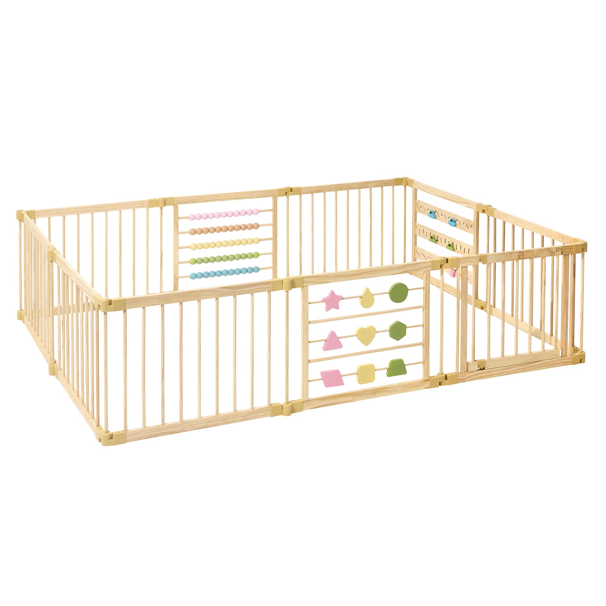 ZETY Natural Wood Baby Playpen, 10 Panel Foldable Play Yard, Door &amp; Toys | M
