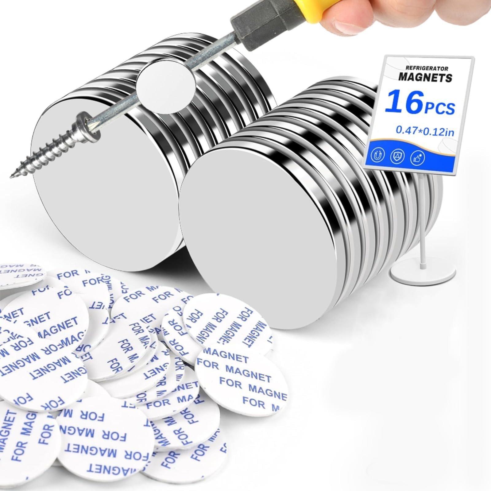 16 Pack Silver Refrigerator Magnets, 12x3mm Small Round Fridge Magnets, Multi-Us