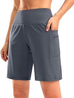 G Gradual Women's 9 Inch High Waist Bermuda Shorts with Zip Pockets Long Athletic Workout Shorts Knee Length