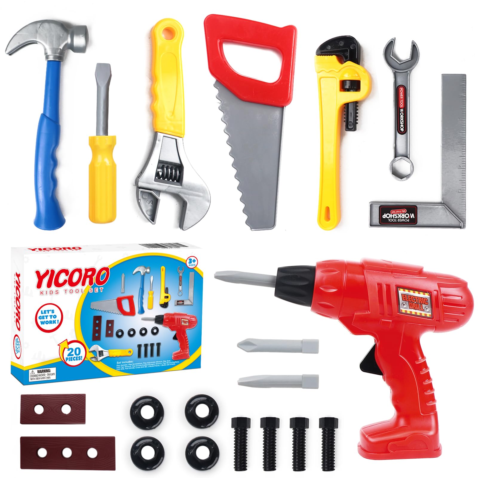 YICORO Kids Tool Set 20 PCS Toddler Tool Set with Toy Drill, Pretend Play Kids T