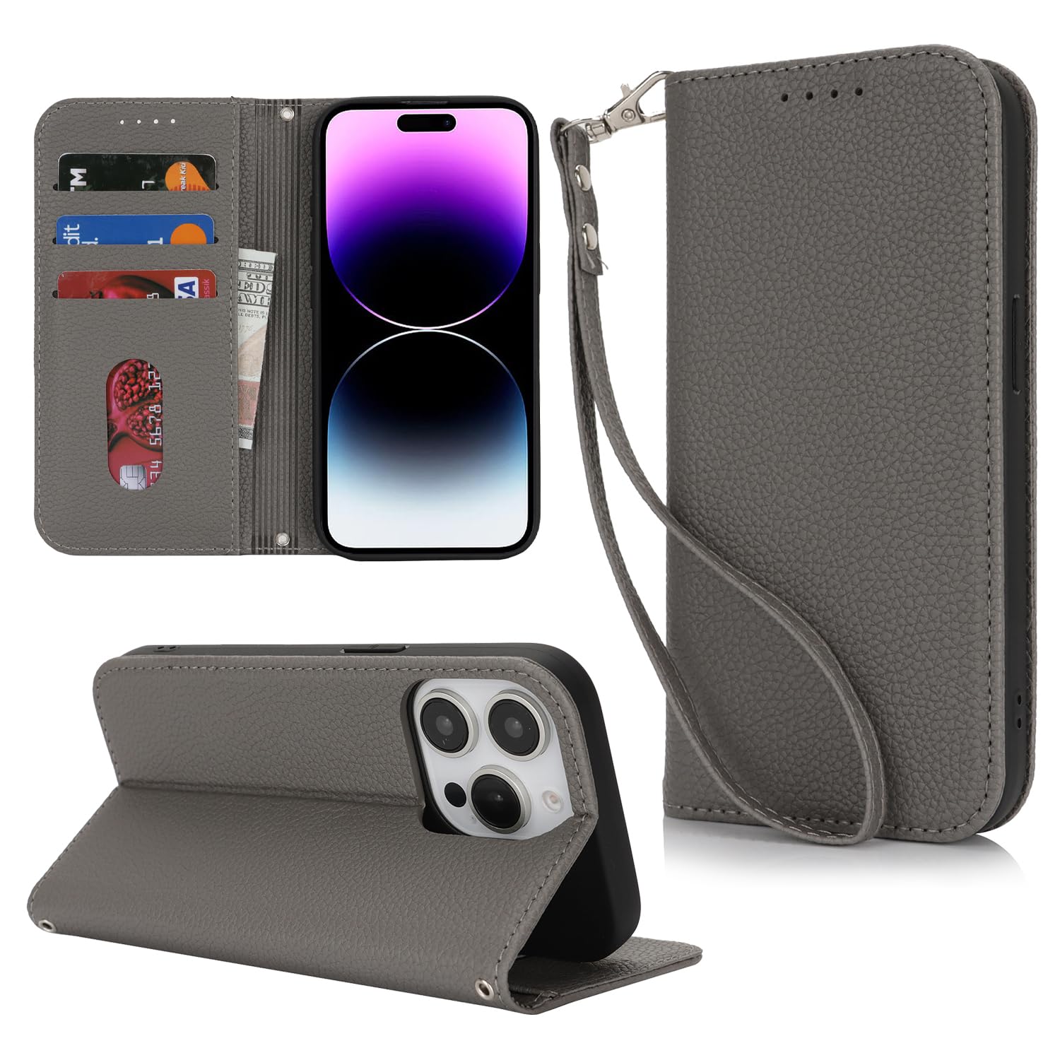 【Hamany】 Compatible iPhone 14 Pro Max Case, Folio, Strap, Card Storage, Stand Fu