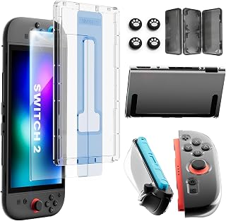 Switch 2 Screen Protector Accessories for Nintendo, 10-In-1 Bundle: Tempered Glass, Dockable Case Clear Hard Shell, Two Protective Cover for Joycon Controller Thumb Grip, 2025 Switch2 Console Game Kit