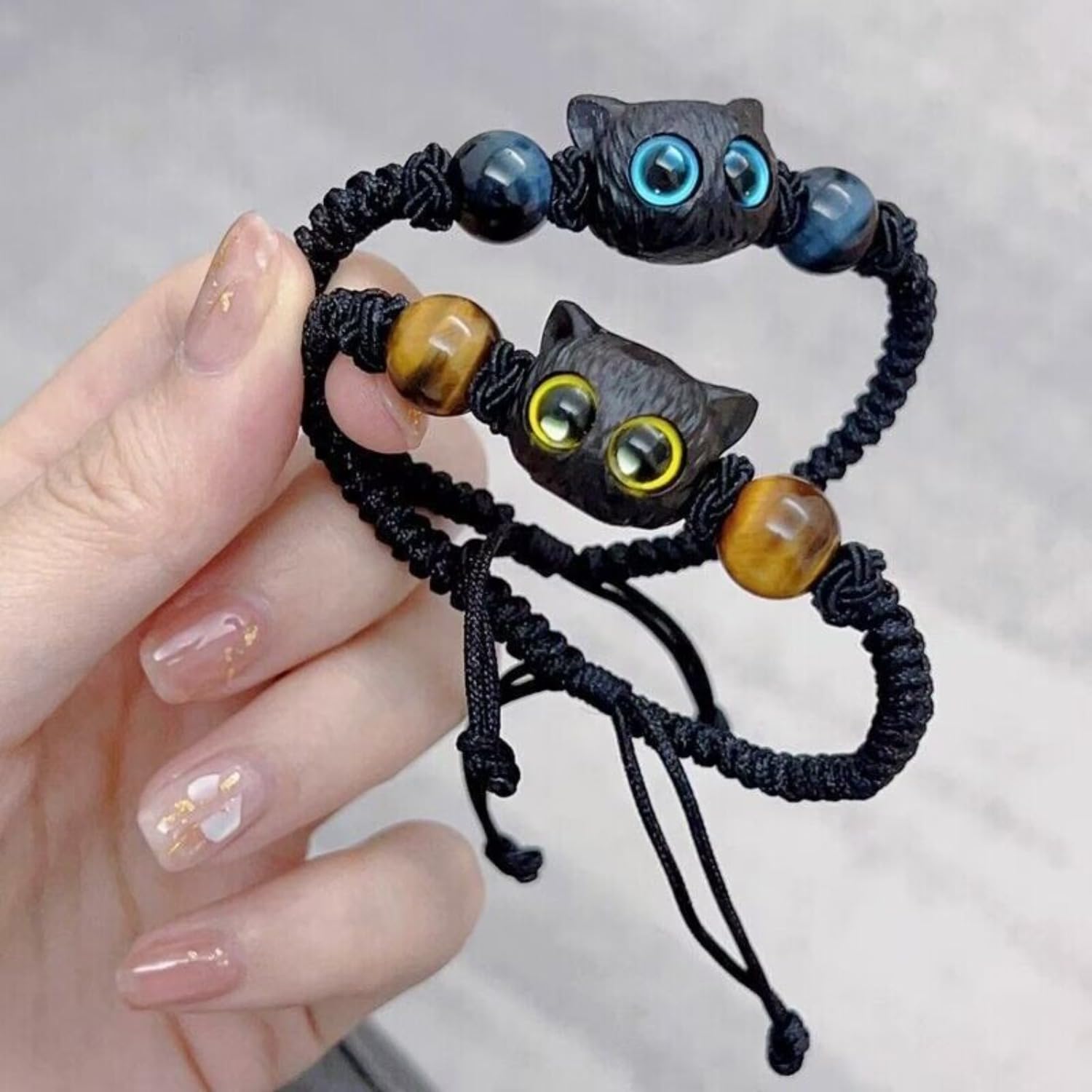 2Pcs Black Cat Braided Bracelets Adjustable Blue Yellow Eyes Kitten Beads Bracel