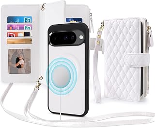 2 in 1 for Google Pixel 9/9 Pro / 10/10 Pro 6.3" Wallet Case Magnetic Compatible with Magsafe RFID Blocking Card Holder Detachable Phone Cover Zipper Purse Kickstand Strap Crossbody White