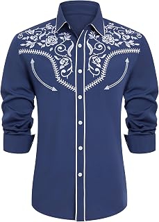 Men's Western Cowboy Shirt Embroidered Long Sleeve Button Down Shirt