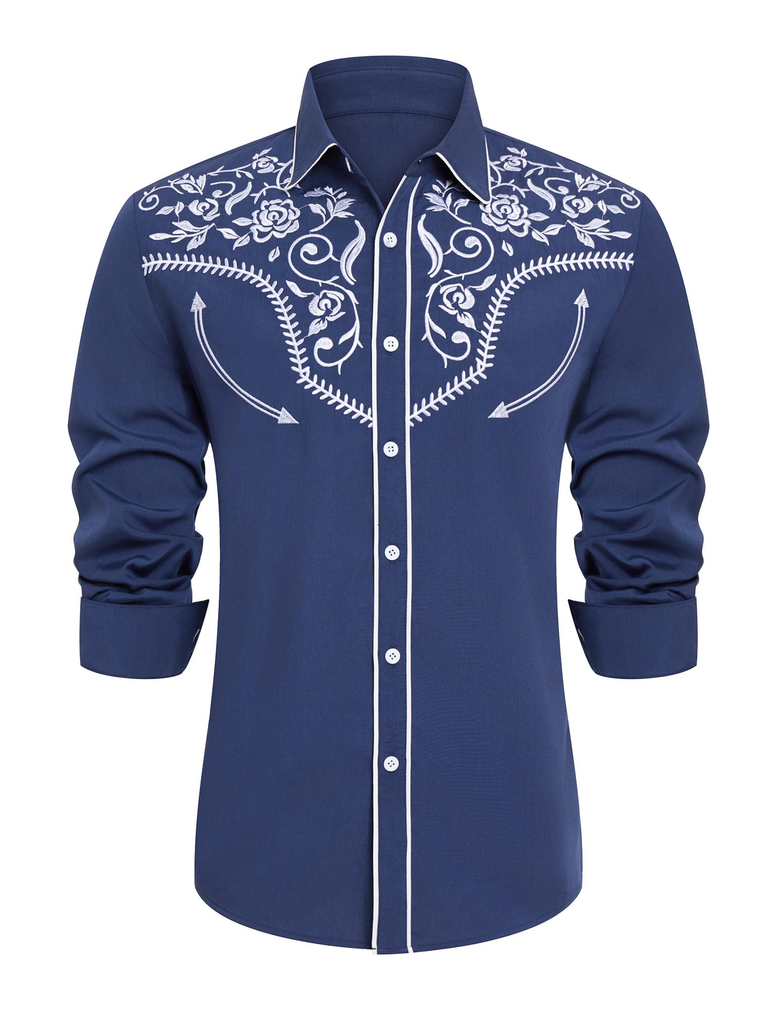 Men's Western Cowboy Shirt Embroidered Long Sleeve Button Down Shirt