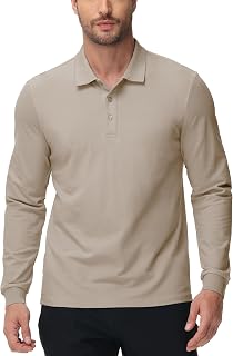 MIER Mens Cotton Polo Shirt Long Sleeve Golf Tennis Polo Shirt with Collar for Work Travel 3 Button Ultra Soft