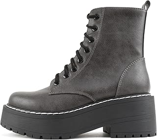 Soda FLING Women Chunky Lug Sole Lace up Fashion Combat Ankle Boot w/Side Zipper