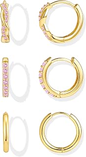Inerney 14K Gold Plated Huggie Hoop Earrings for Women, Small Sterling Silver Earring Set Hypoallergenic Cartilage Helix Stacks, Mini Dainty Cute Trendy Birthstone Jewelry Gift for Multiple Piercings