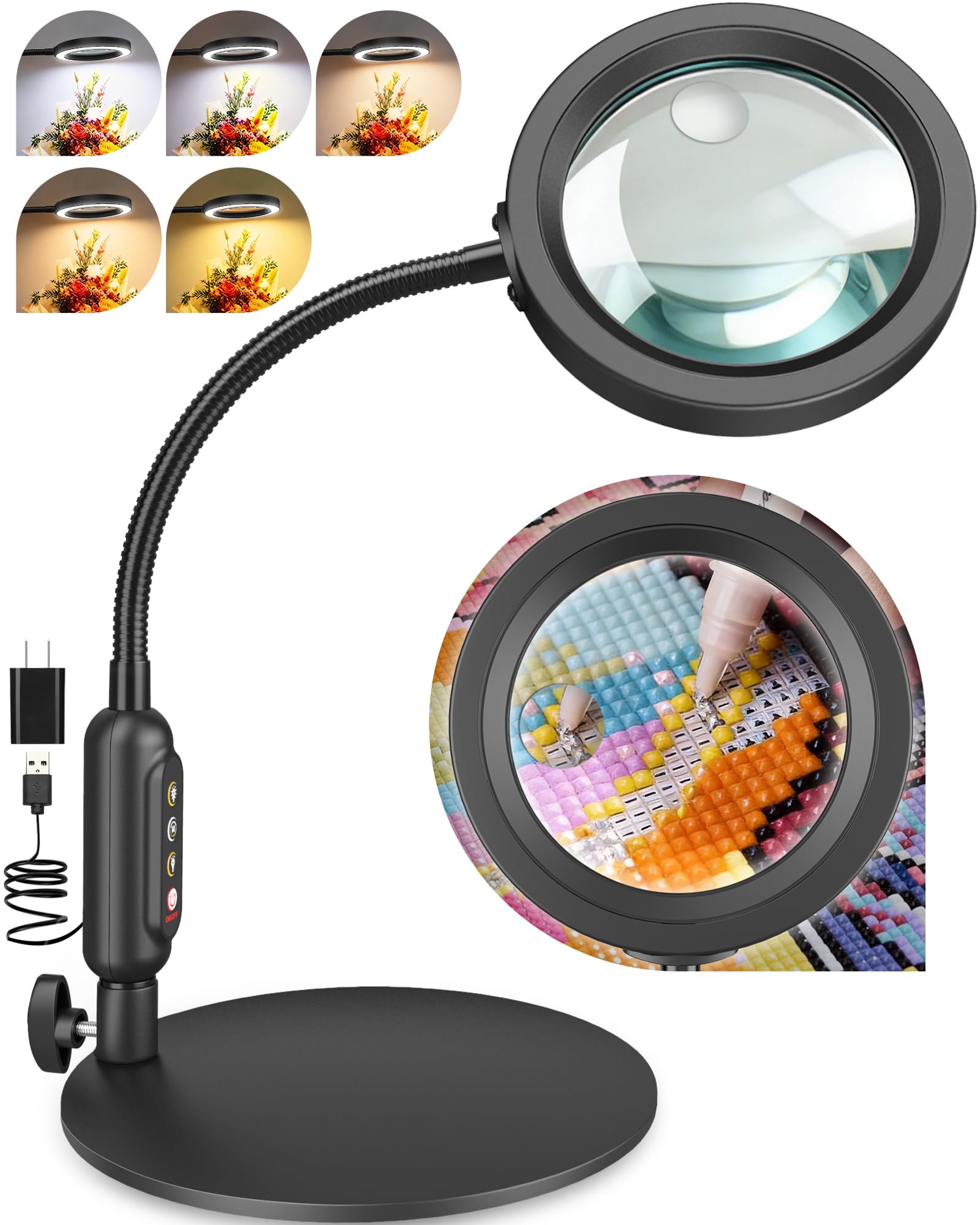 30X 10X Magnifying Glass with Light and Stand, 5 Color Modes Stepless Dimmable, 