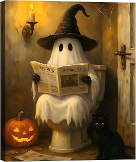 Framed Halloween Ghost Bathroom Canvas Wall Art 8x12 In, Funny Spooky Toilet Scene Canvas Prints Artwork, Dark Halloween Wall Decor Pictures for Office Home Decoration