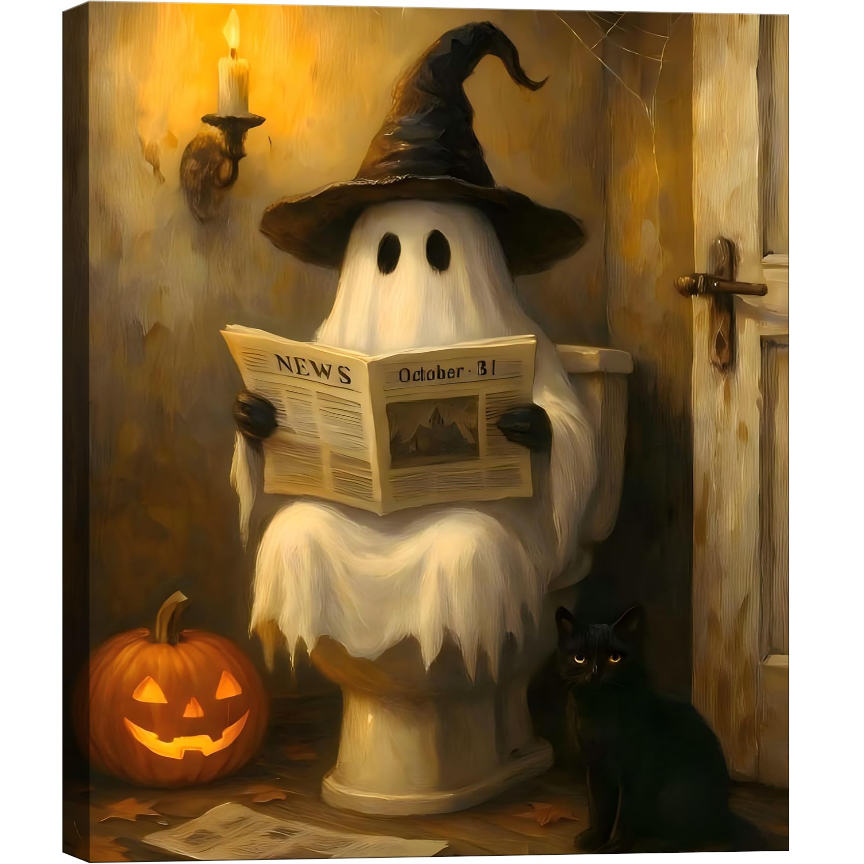 Framed Halloween Ghost Bathroom Canvas Wall Art 8x12 In, Funny Spooky Toilet Sce