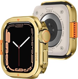 Amizee Metal Cover Compatible with Apple Watch Series 9/8/7 45 mm with Back Cover, Rugged Bumper Protection Anti-Scratch Protective Case for iWatch 45 mm, Gold