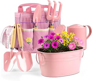 8Pcs Kids Gardening Set with Real Metal Tools & Metal Basket, Pink