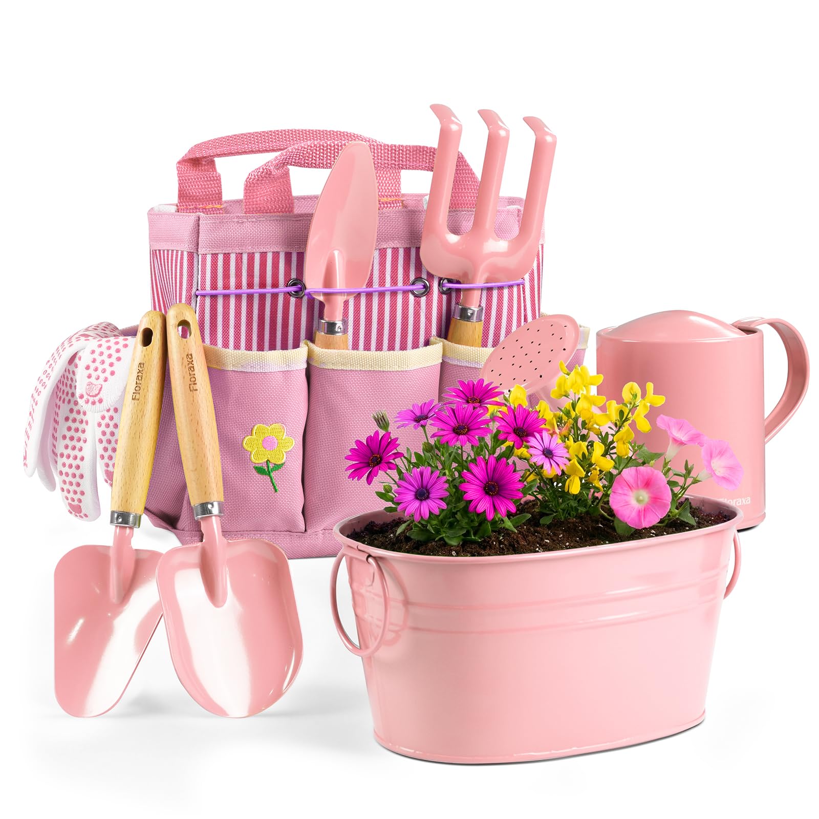 8Pcs Kids Gardening Set with Real Metal Tools & Metal Basket, Pink