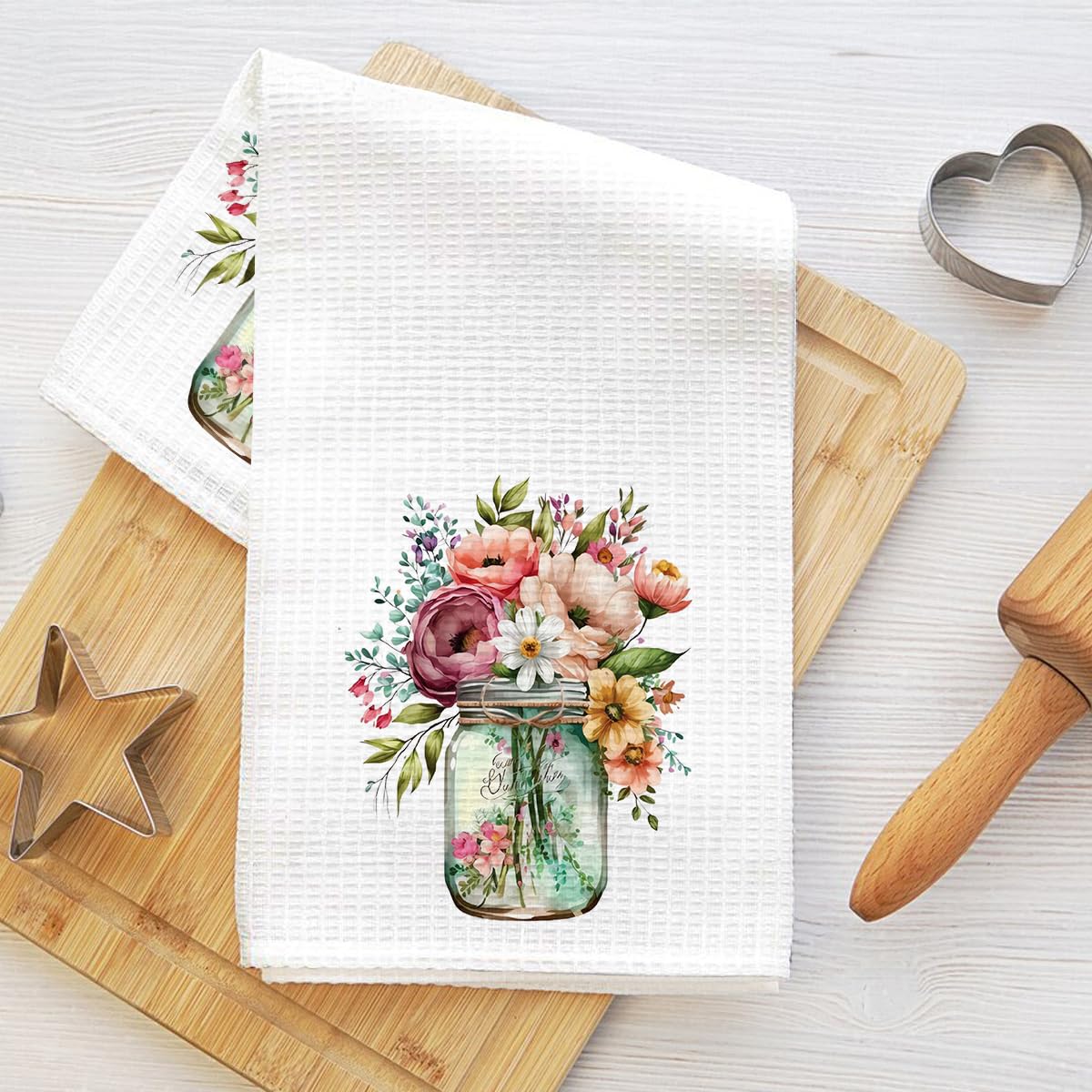 Rustic Floral Kitchen Towels 24x14 Inch, Spring Summer Wildflower in Jar Waffle 