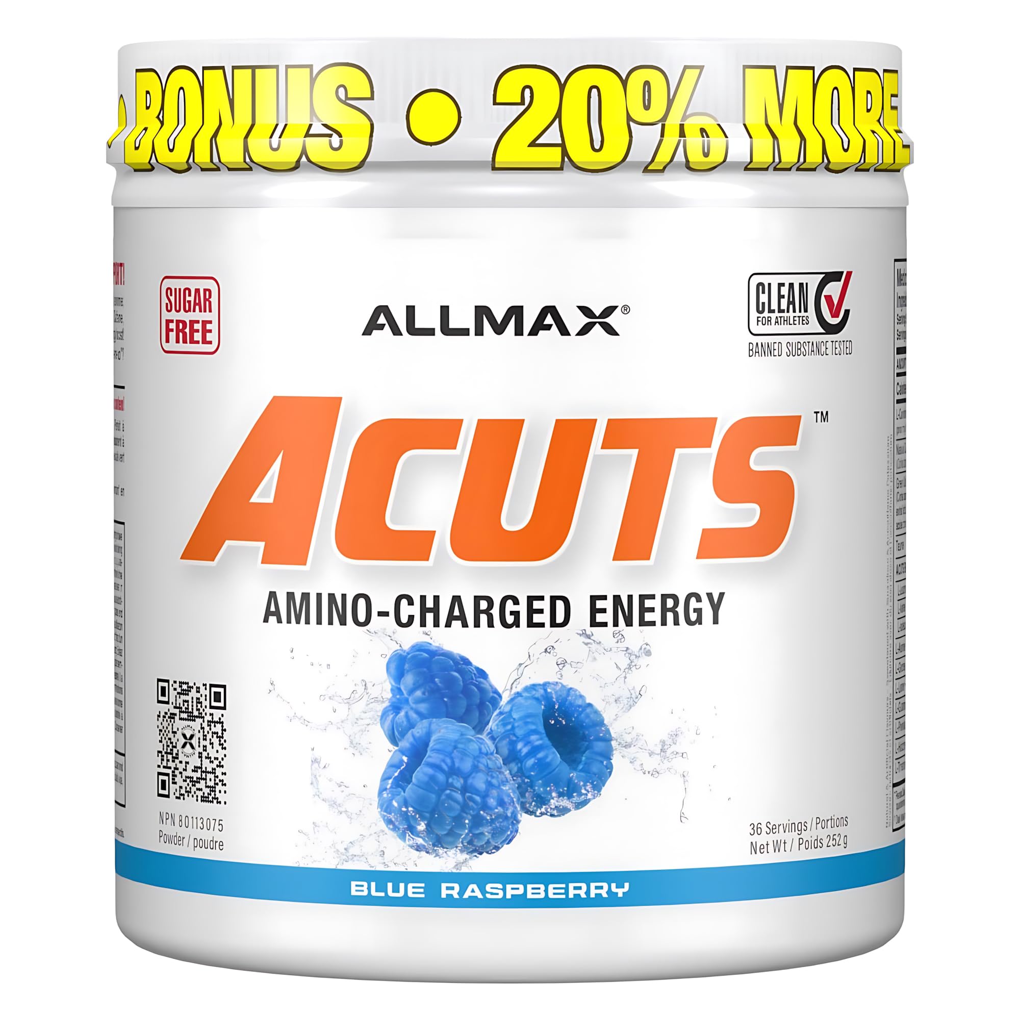 ALLMAX ACUTS Amino Energy Powder, Blue Raspberry, 36 Servings