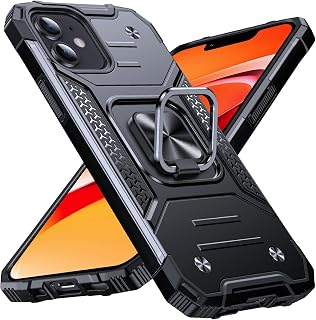 Anqrp Heavy Duty Black Case for iPhone 12/12 Pro Case with Enhanced Ring Holder Grip Stand, Military Grade Shockproof Rugged Drop Protective Silicone Hard Slim iPhone 12 Phone Case Cover, Matte Black