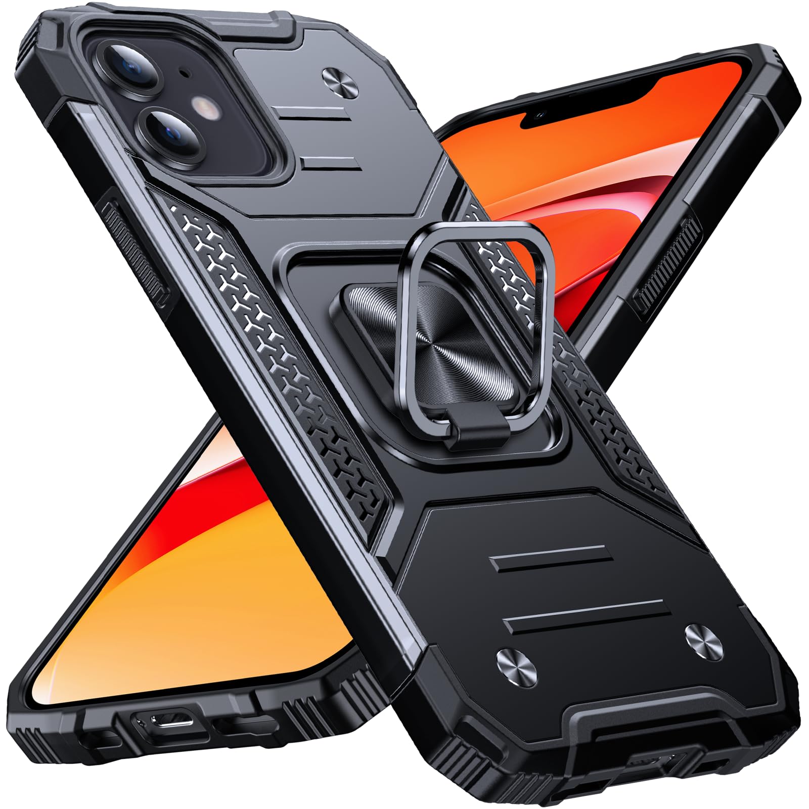 Anqrp Heavy Duty Black Case for iPhone 12/12 Pro Case with Enhanced Ring Holder 