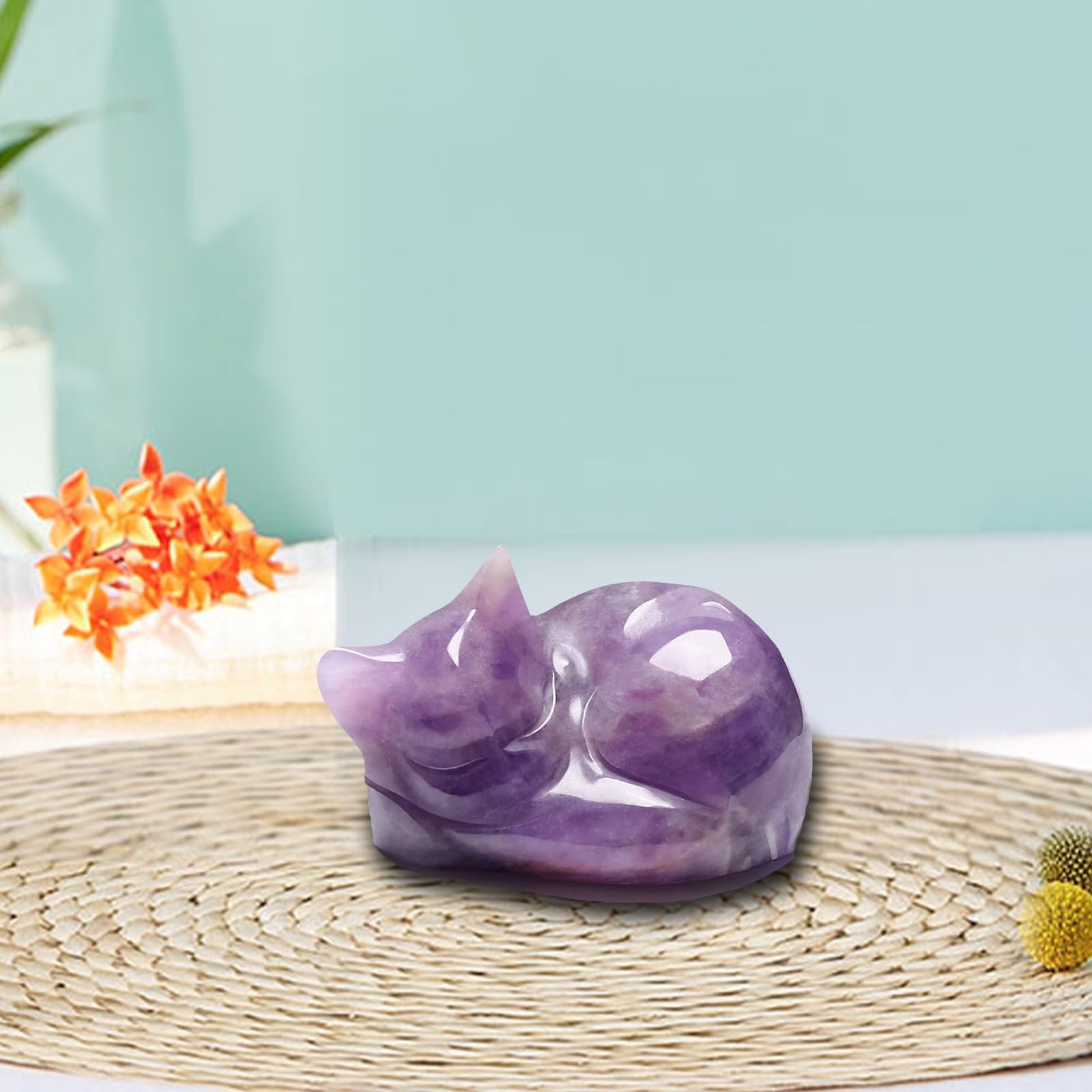 1.5 Inch Carved Sleeping Cat Cute Amethyst Crystal Kitten Statue Lucky Stone Gif