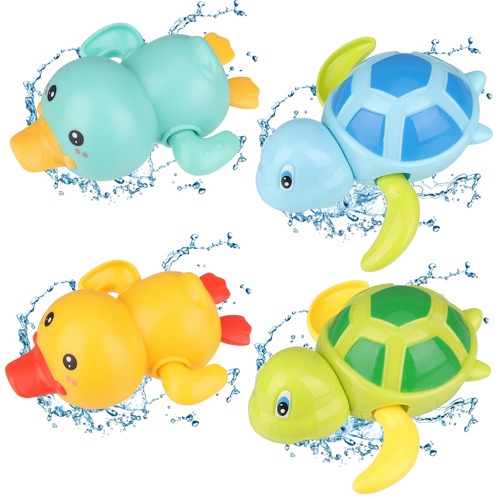 Pinenuts 4 Pcs Baby Bath Toys, Wind Up Duck Turtle Bathtub Toys | 2 Ducks 2 Turt