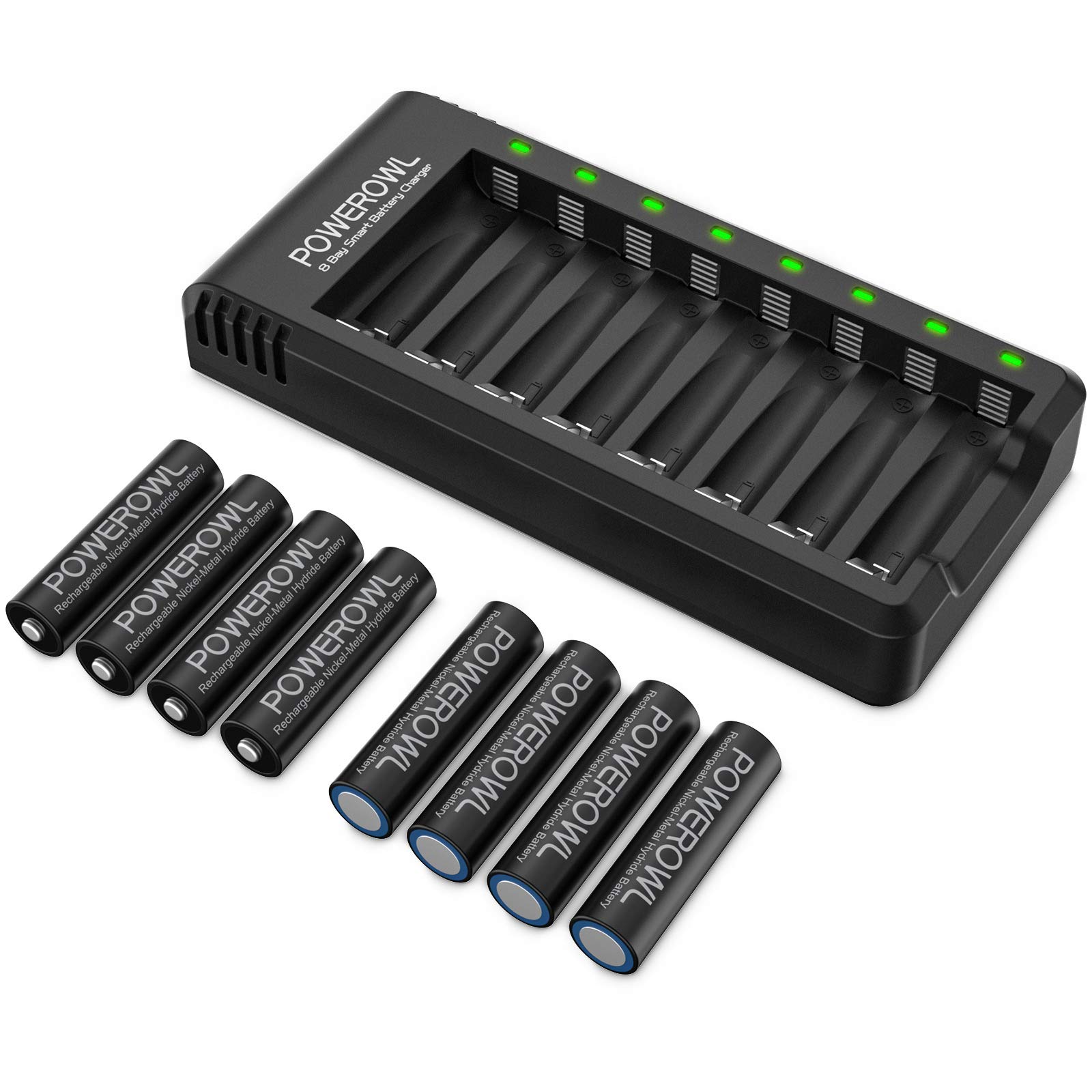 Rechargeable AA Batteries with Charger, POWEROWL 8 Pack of 2800mAh High Capacity