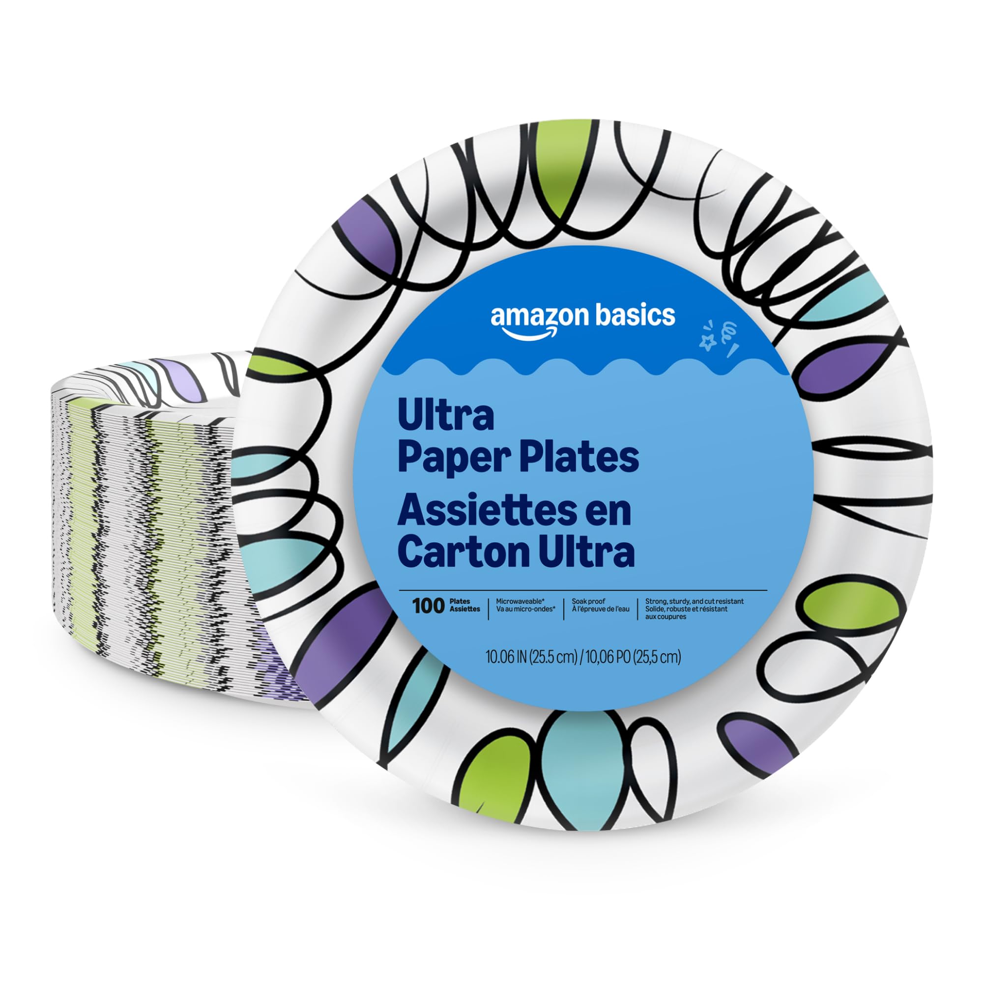 Amazon Basics Ultra Paper Plates, 10 Inch, Disposable, 100 Count, Packaging May 