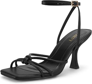 PARTY Women's Square Strappy Heeled Open Toe Sandals 3 inch Stiletto Heel Ankle Buckle Strap Comfortable Summer Dress Shoes