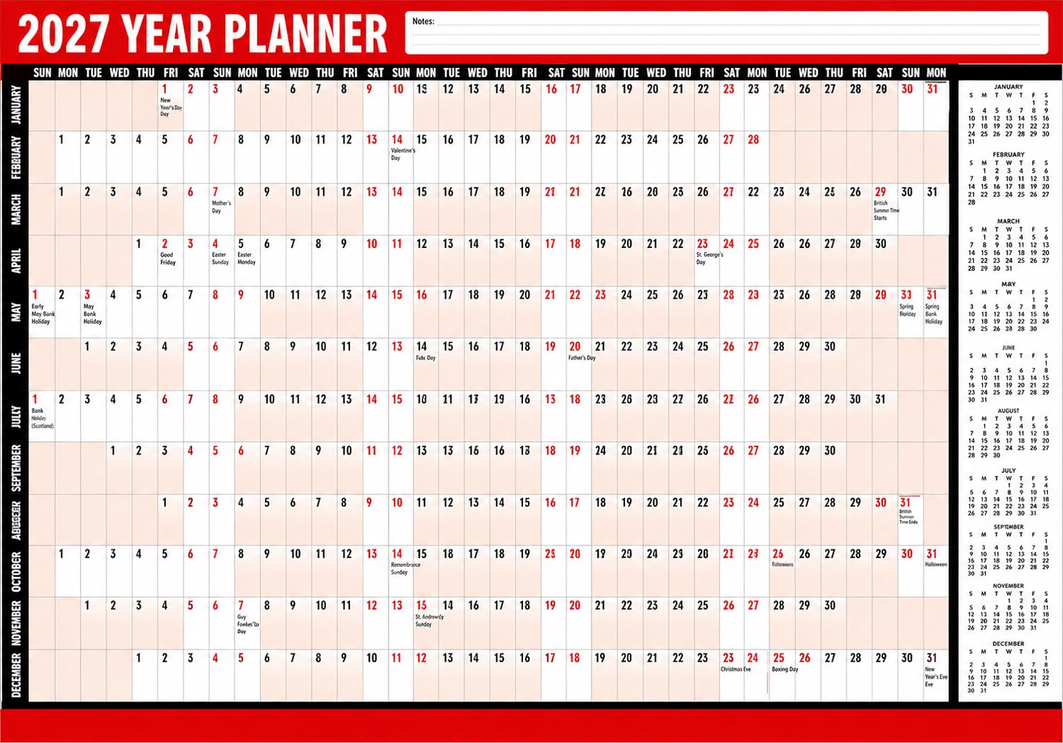 FIRST CHOICE KAYA 2027 Wall planner A1 - Large 85x58 cm Laminated Year Calendar 