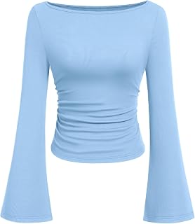PRETTYGARDEN Women Long Sleeve Shirt 2025 Crop Casual Boat Neck Bell Sleeve Ribbed Ruched Y2K Clothing
