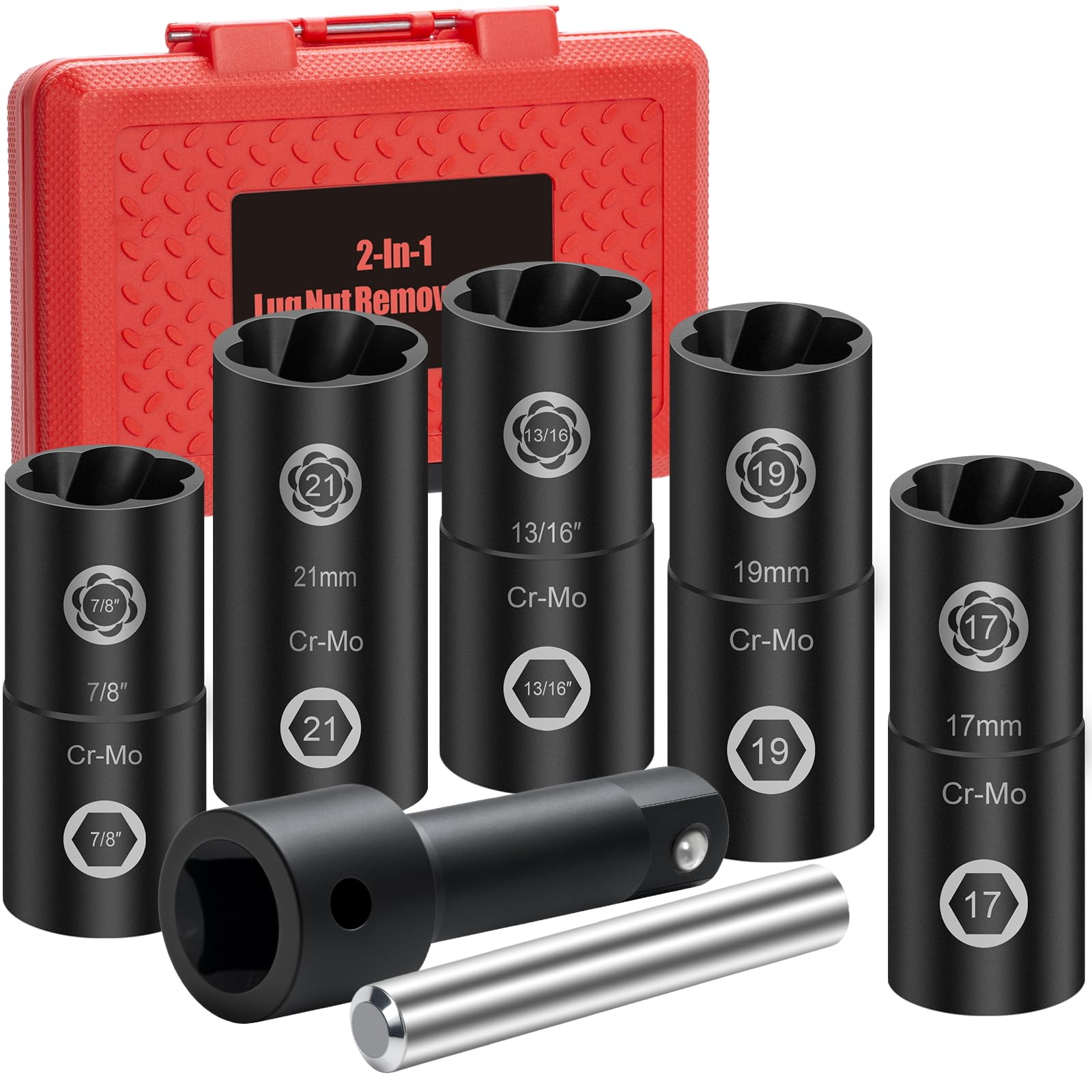 2-In-1 Lug Nut Removal Tool & Impact Socket Set, with 1/2" Drive, Easy Out Broke