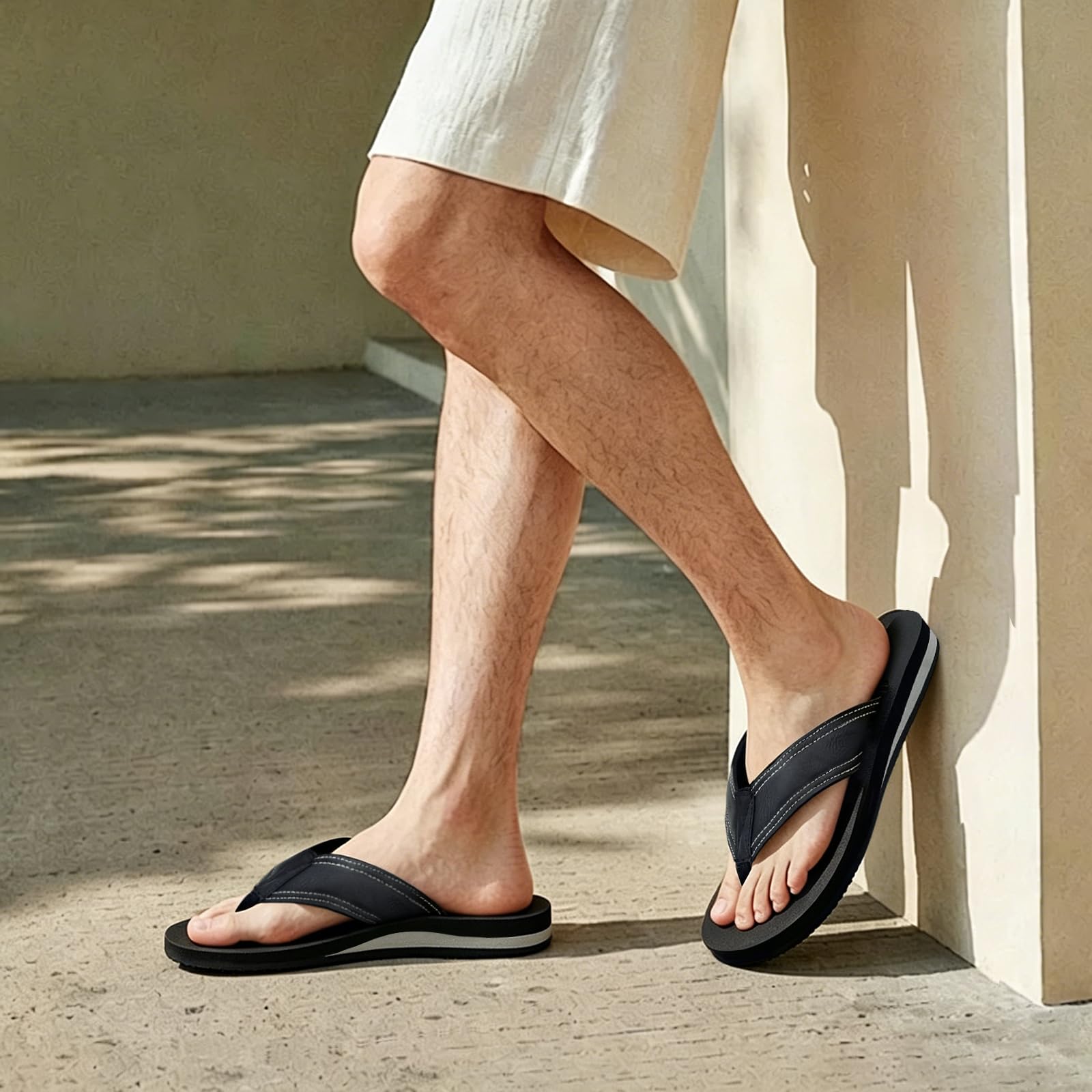 Men's Flip Flops with Arch Support PU Leather Padded Straps with Soft Toe Casual