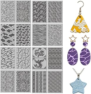CONCHLERY 16 Pcs Ocean Waves Pattern Polymer Clay Texture Sheet Natural Clouds Patterns Rubber Clay Texture Mat for Polymer Clays Making Earrings Jewelry DIY Crafts, 4 × 2.5 Inch