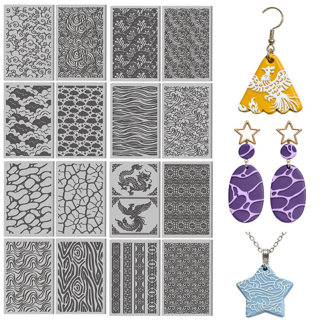 CONCHLERY 16 Pcs Ocean Waves Pattern Polymer Clay Texture Sheet Natural Clouds P