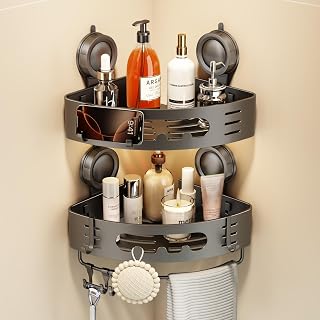 Voldra Corner Shower Caddy Suction Cup No Drilling, Shower Shelf Coner Bathroom Coner Shelves Aluminum Suction Shower Organiser Rack Corner Caddy with Towel Bar Wall Mounted(2 Pack, Grey)