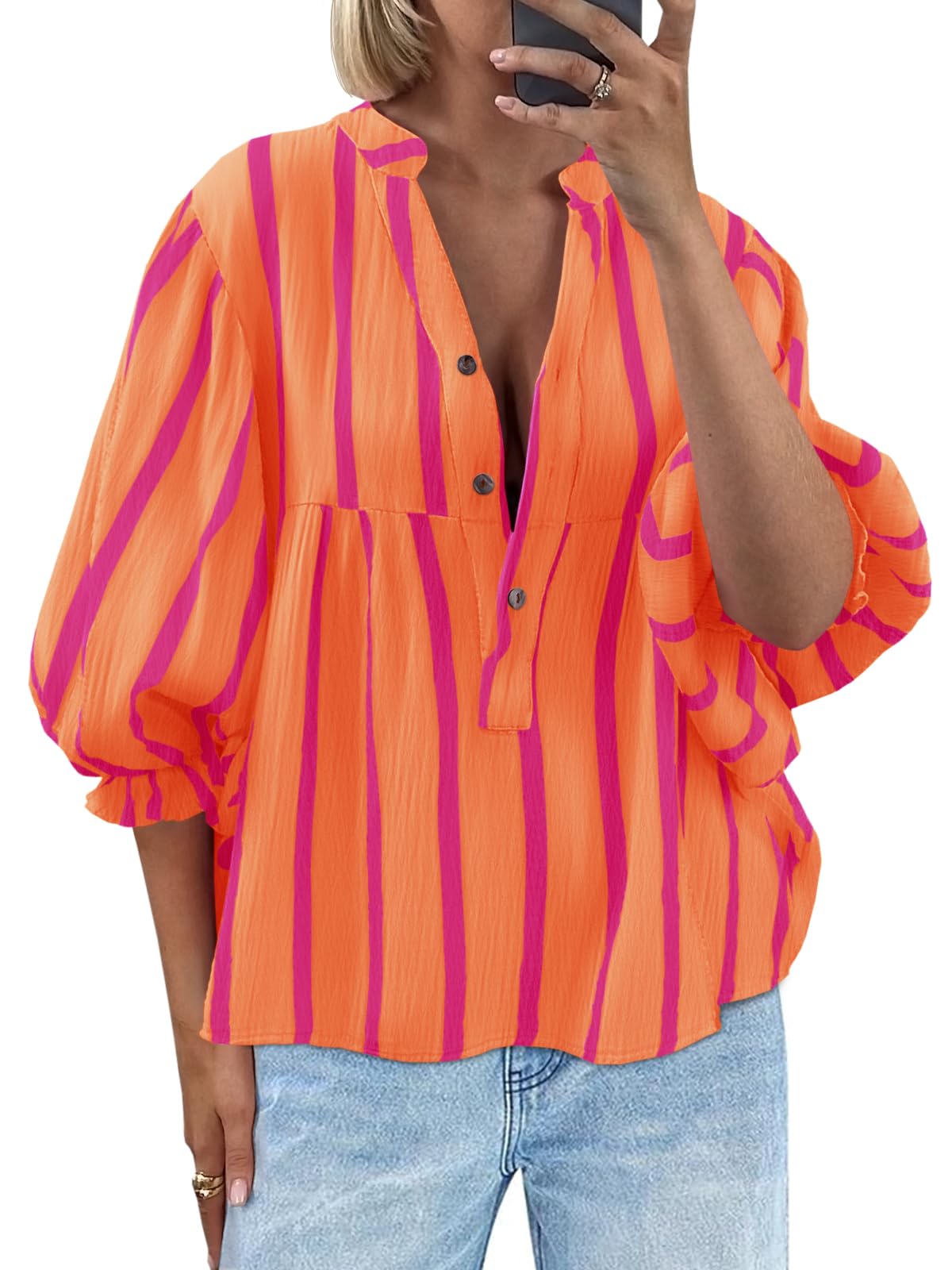 Tankaneo Women Puff Sleeve Blouse V Neck Striped Cute Casual Loose Fit Blouse To
