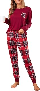 Sopesil Women's Long Winter Pyjamas Two Piece Pyjamas Warm Long Sleeve and Plaid Pants Cosy Sleepwear with Pockets and Drawstring,S-XXL