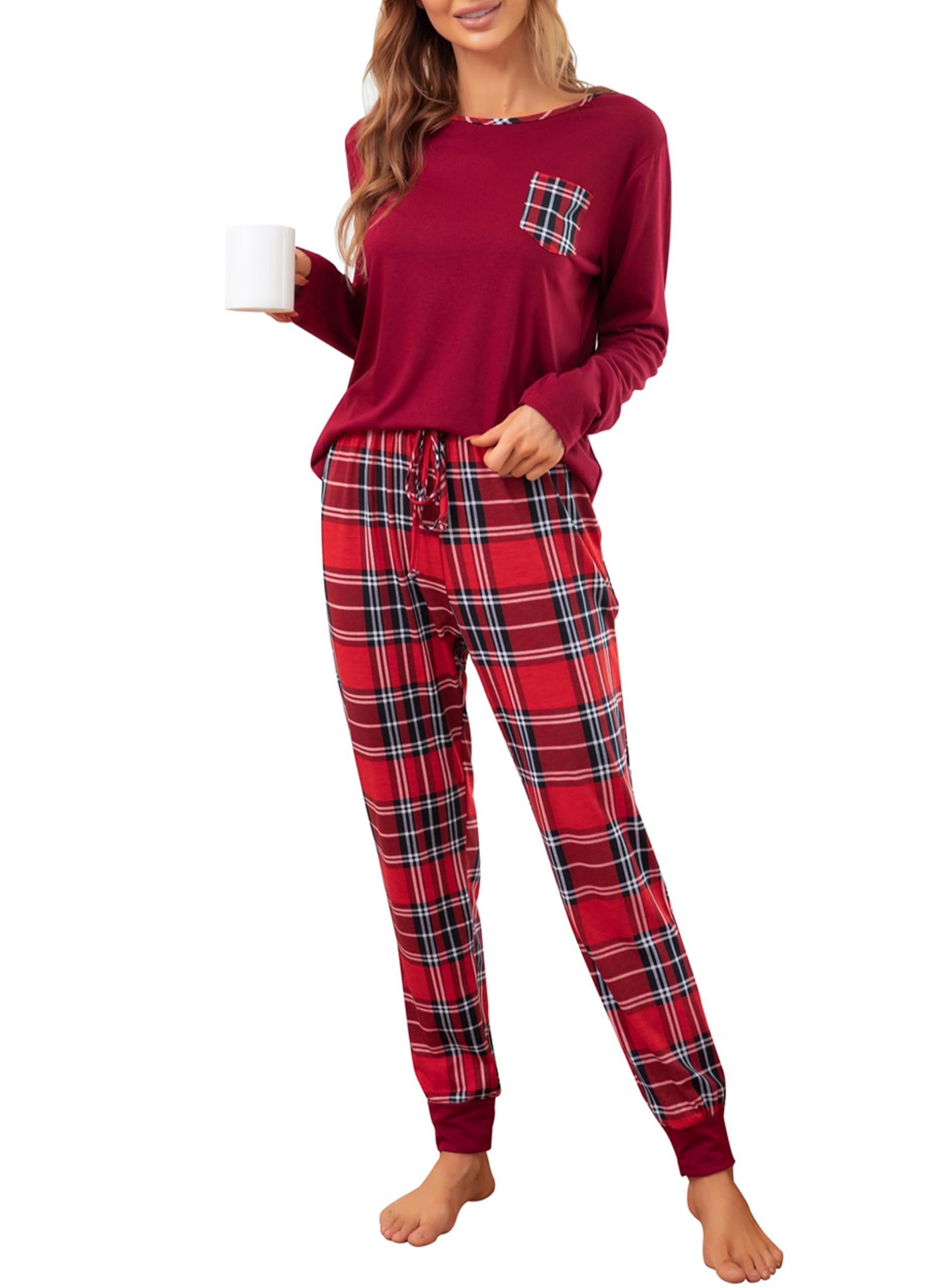 Sopesil Women's Long Winter Pyjamas Two Piece Pyjamas Warm Long Sleeve and Plaid