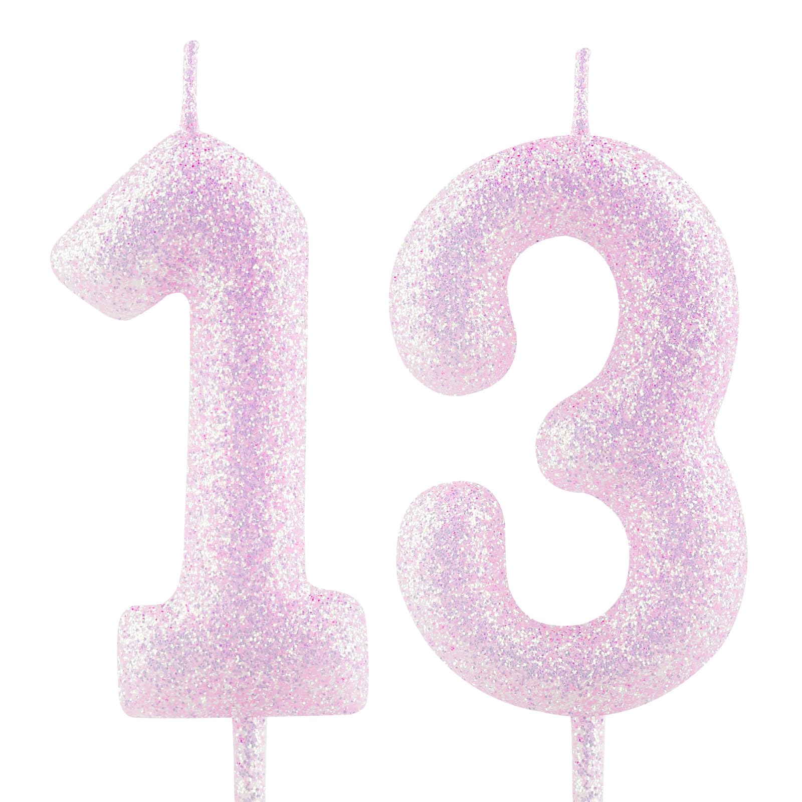 13th Birthday Candle Number 13 Pink & Purple Iridescent Glitter Candles Cake Top