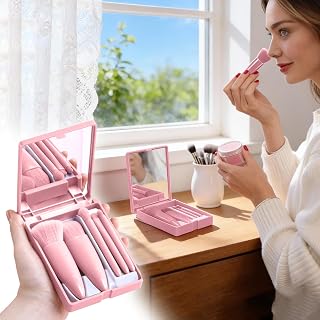 5pcs Portable Makeup Brush Set with Mirror, Makeup Set in Box, Multifunctional Powder Brushes, Compact Brush Holder, Rose Red