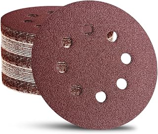 52 Pack 5 Inch 8-Hole Hook and Loop Sanding Discs Sandpaper Red Round 60 80 120 220 320 Mixed Grits Sandpaper for Random Orbital Sander