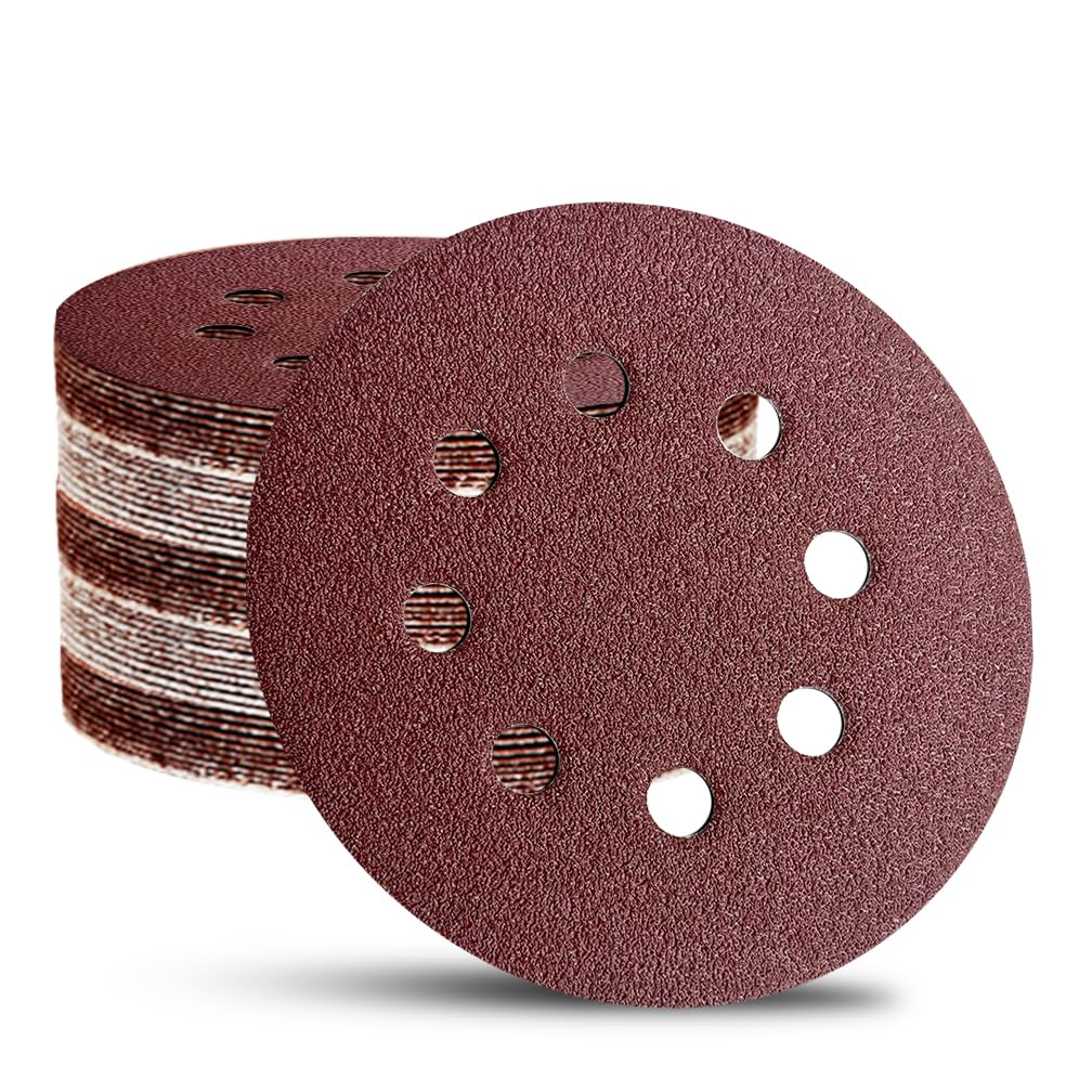 52 Pack 5 Inch 8-Hole Hook and Loop Sanding Discs Sandpaper Red Round 60 80 120 