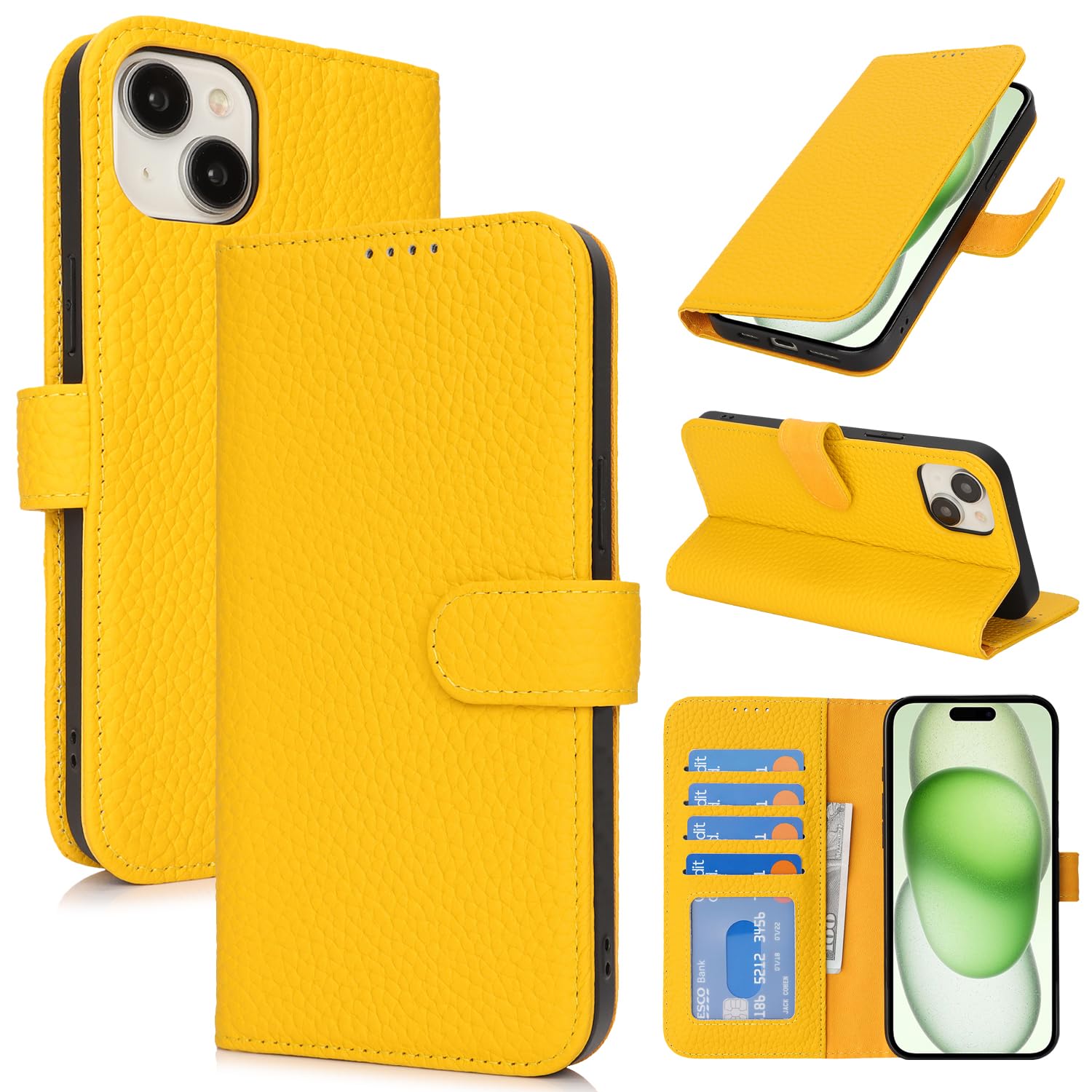 Zouzt Leather Wallet Case for iPhone 15 Plus/14 Plus, Yellow