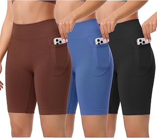 BLUELILY 3 Pack Women's Biker Shorts with Pockets 5" 8" Seamless High Waisted Tummy Control Workout Shorts for Running Gym