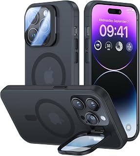 VOFATA for iPhone 14 Pro Case with Camera Cover Stand [Built-in 9H Camera Lens Protector][Fit for Magsafe] Military Grade Shockproof Translucent Matte Magnetic Phone Case 6.1", Black